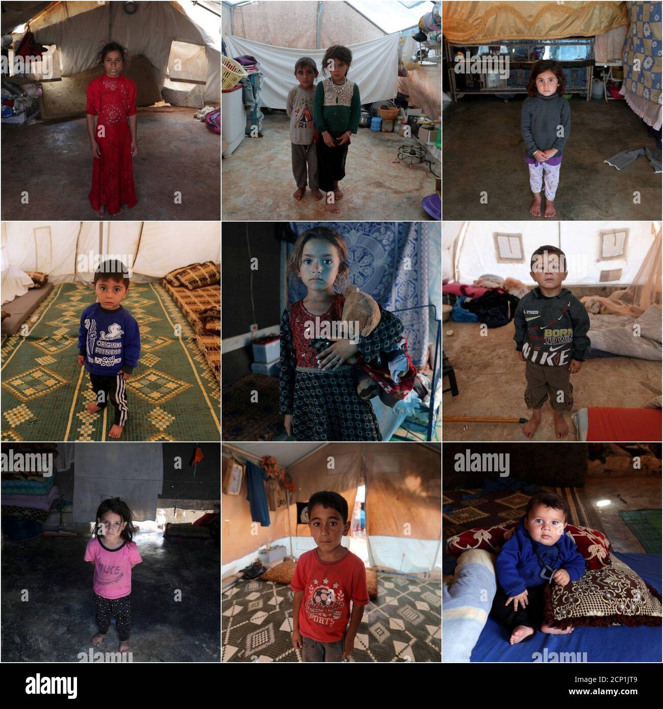 La combinaison montre (rangée du haut, G-D) Ranim Barakat, une fille  syrienne de 9 ans déplacée de la campagne de Hama; Jumana et Farhan  al-Alyawi, une jumelle syrienne de 8 ans déplacée