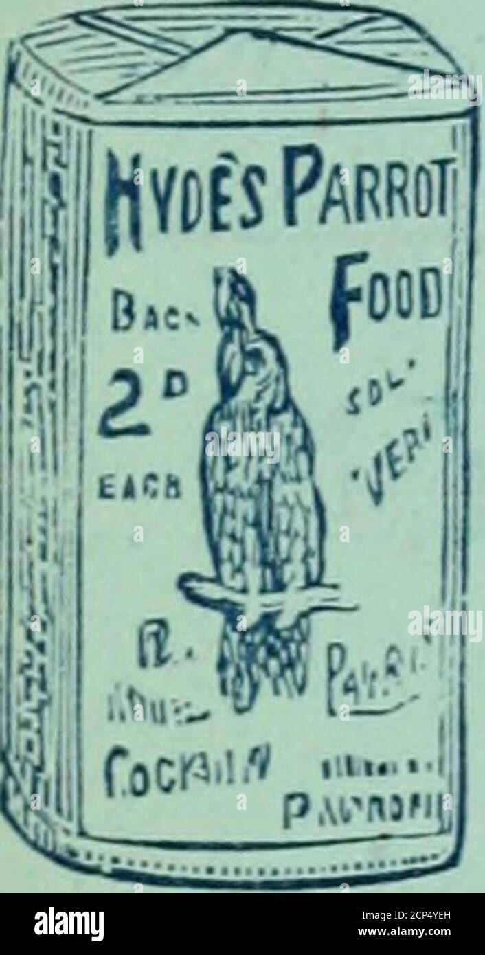 . Notes d'oiseau . NOURRITURE HYDESPARROT. KEEDSI pour MACCAWS, PARRAKEETS et AR.1, ESPÈCES de PERROQUETS. HYDES NATURALFOOD POUR OISEAUX ET POISSONS. Beaucoup raillé par les requins, les Thrushes, les oiseaux noirs. Les étoiles, et toutes sortes d'oiseaux inSEC-tivores. Exemple de boîte, ID Vendu en paquets par All Sellers of Bird Seed, et Wholesale of R. HYDE & CO., Ltd., BIRD FOOD SPECIALISTS, Harold Street, Caiberwell, London, s. Banque D'Images