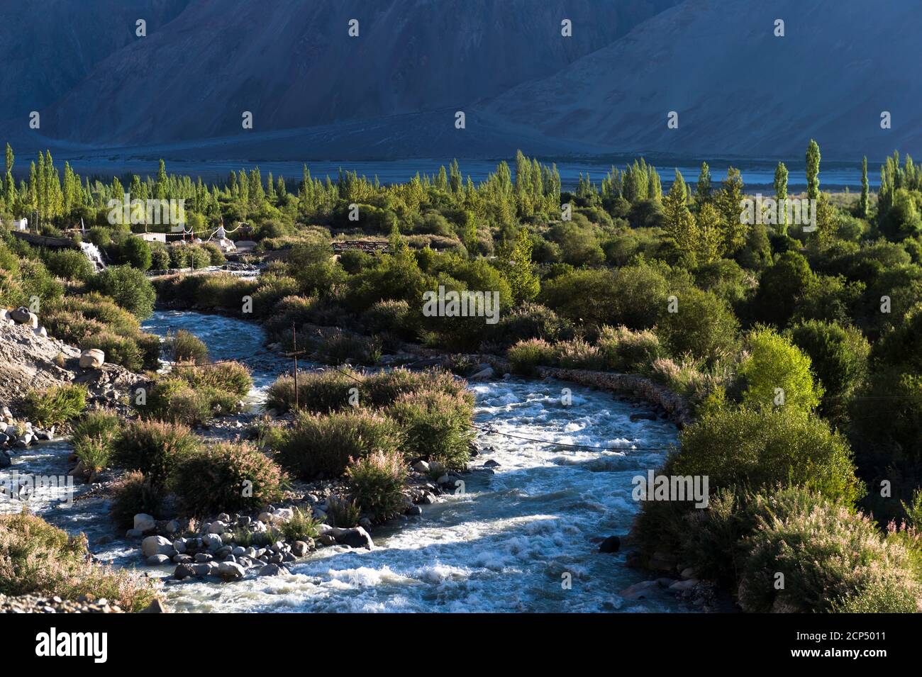 La vallée de Nubra avec le village de Hundar, affluent de la rivière Shyok Banque D'Images