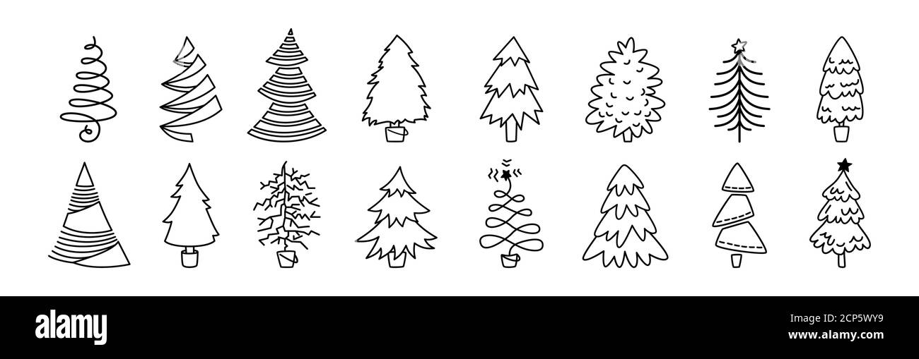 Collection arbre de Noël contour. Dessin à la main monochrome linéaire  arbres de Noël ensemble de dessins animés. Nouvel an décorations  traditionnelles, étoiles ou guirlandes. Symbole stylisé pour l'illustration  du vecteur plat