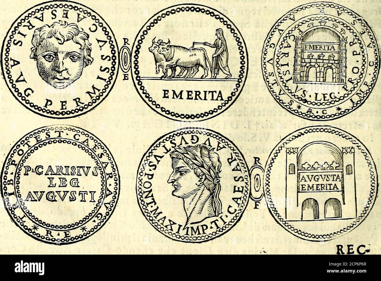 . Dialoghi di don Antonio Agostini archivescovo di Taracona, intorno alle medaglie, inscrittioni, et autre antichità . o nome di Carifio vi fon altre medaglie di rame, che da vna parte hanno leffigie dAuguftoc quelle LIBÉRATION conditionnelle CÉSAR. TRIB. MOY. POT. Et dallaltra vi fon quellaltre P.CARiSivs. JAMBE. AVGVSTi. Dans vnaltrapur di rame è la tefta del detto Augurio& quella infcrittione , CÉSAR. AVGVSTVS. PONT. MAX. 1MP.nel rouefeio vi fono i muri,& le porte già dette,& quelle libération conditionnelle, AVGVS TAEMERITA. COLONNE In vnaltra dello fletto metalo è il detto rouefeio, et nonvi manca altro, fe non chela parola Emeri Banque D'Images