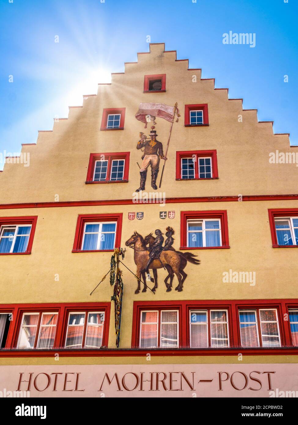 Fresque, façade peinte Hôtel Mohren-Post, Wangen im Allgäu, Westallgäu, Allgäu, Swabia, Bade-Wurtemberg, Allemagne, Europe Banque D'Images