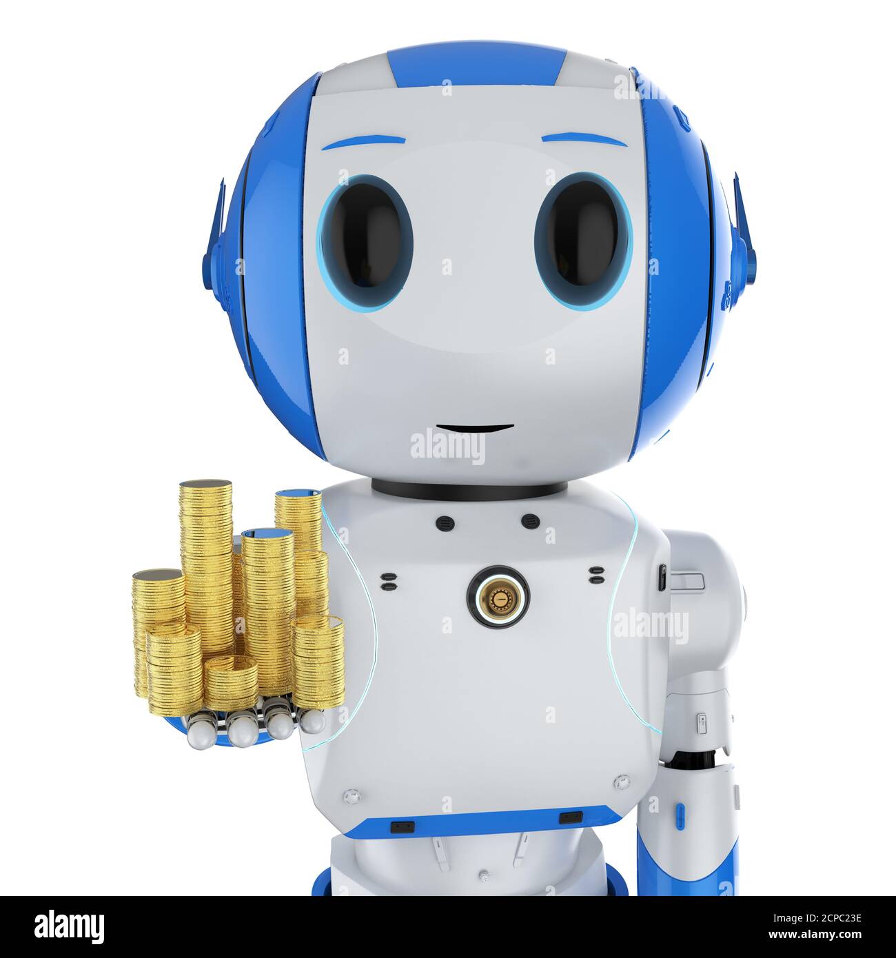 Technologie concept financier avec rendu 3D mini robot avec pile de pièces d'or Banque D'Images
