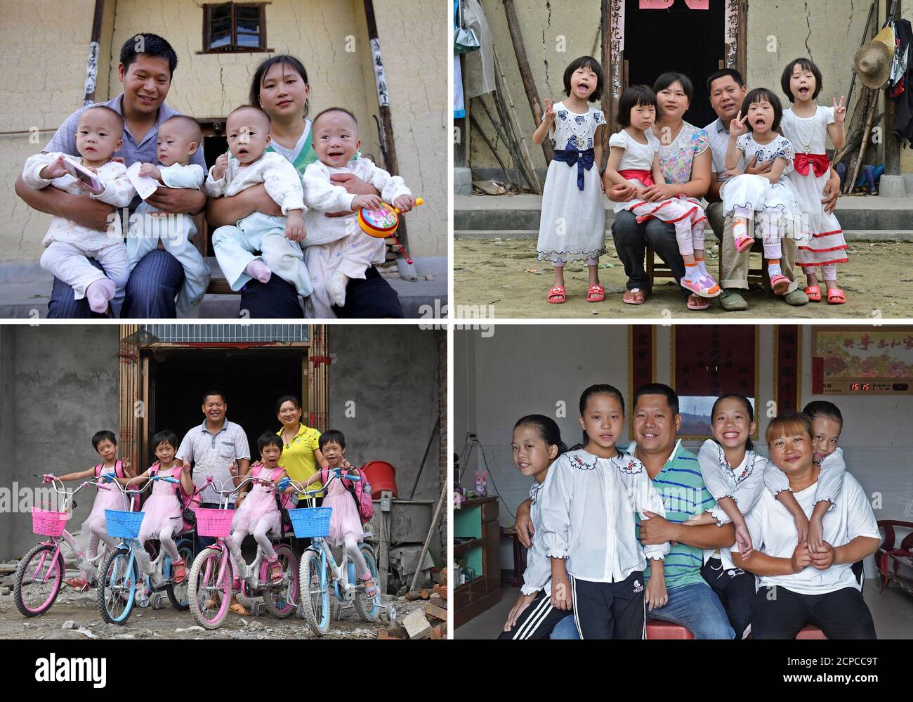 (200919) -- GANZHOU, 19 septembre 2020 (Xinhua) -- La famille des filles du quadriplet pose pour une photo à leur ancienne maison le 14 septembre 2011 (L, haut) et le 25 mai 2016 (R, haut) et à leur nouvelle maison le 7 septembre 2017 (L, bas) et le 10 septembre 2020 (R, bas). Wu Nianyou, un agriculteur du village de Shangbao de Ganzhou City, et sa femme ont vu leurs filles quadriplet venir au monde un matin en septembre 2010. Ils ont nommé leurs filles Wu Mengling, Wu Mengting, Wu Mengyun et Wu Mengqin, qui ont commencé à s'inquiéter de se lever avec peu de revenus seulement des champs. Étant des bébés prématurés, les filles étaient moi Banque D'Images