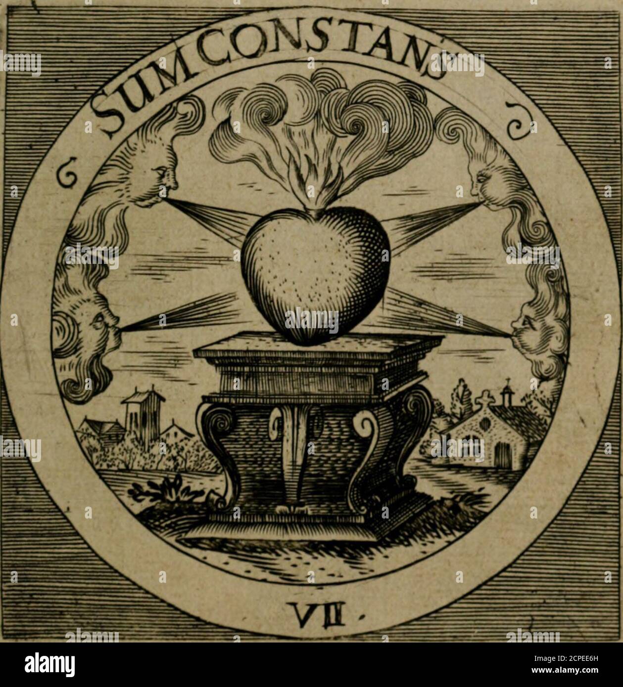 . Emblemata sacra : est hoc, décades quinque emememememememememum ex sacra scriptura, de dulcissimo nomine & cruce Jesu Christi, figuris aeneis incisiorum ... . SOMME ONSTANS. In medio pofitiim eft cor arae atque undique circura-Circa venrorum fügida flabra ruunr. ImtnQrumconftansquemanet, neqiie pellimrvlloturbine. COR lacrurnnulla pcriclamovent. J!Öae f^mt vt»trb i?om ^itax g^ants nitOOoWi^VM^ qcvovficx t&gt;mb. -^ei^iit W oyimcf)m fium^. Mon cœur se place dans le mot, et le feusefl : embrase en ma mcdiration.te feu,f(&gt;ww^ et lt;i;5;f^ des évents pont ne jtfleint,J/«; /^ rémuuellant angimnte bien Banque D'Images