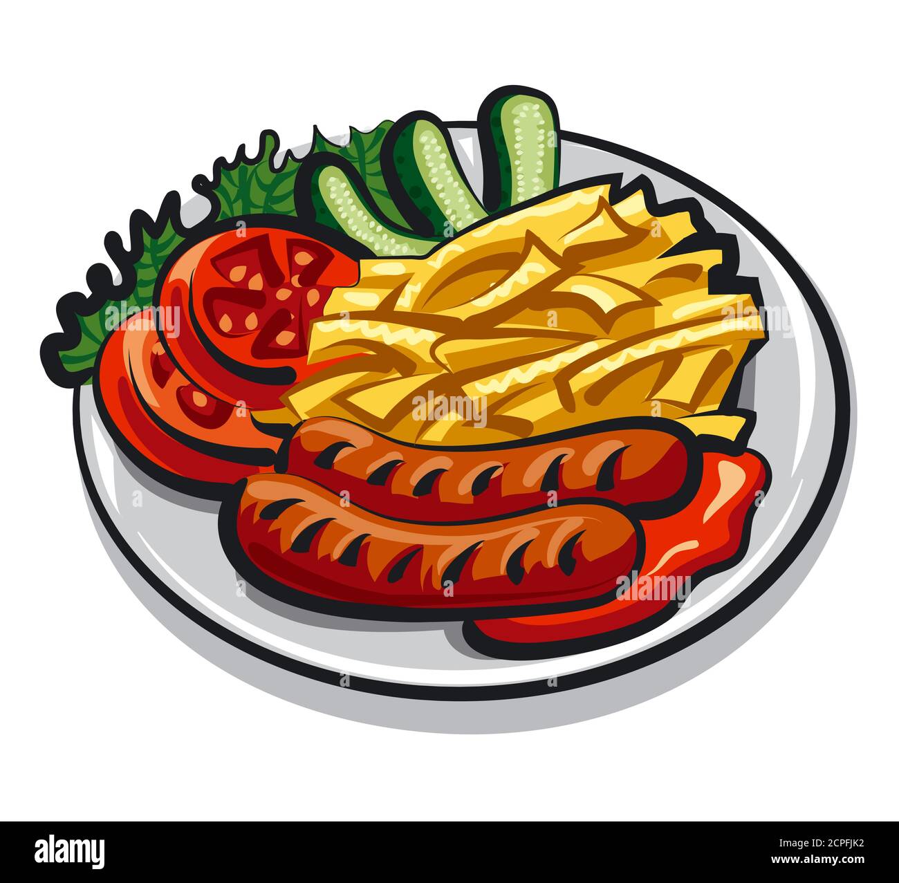 illustration des saucisses grillées avec des frites et de la salade sur la plaque Illustration de Vecteur illustration des saucisses grillées avec des frites et de la salade sur la plaque Illustration de Vecteur