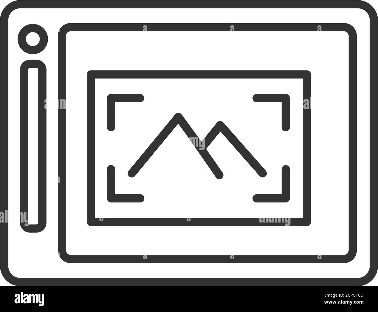 Icône de la caméra embarquée et de l'image sur la ligne noire à l'écran. Concept de dispositif électronique. Pictogramme pour page Web, application mobile, Promo. Écran UI UX. Utilisateur Illustration de Vecteur