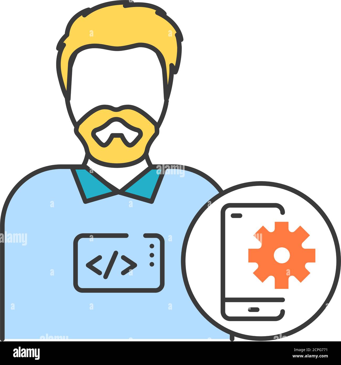 Icône de ligne de couleur pour développeur d'applications mobiles. L'ingénieur logiciel est engagé dans le test et la programmation des applications. Icône pour page Web, application mobile, Promo Illustration de Vecteur