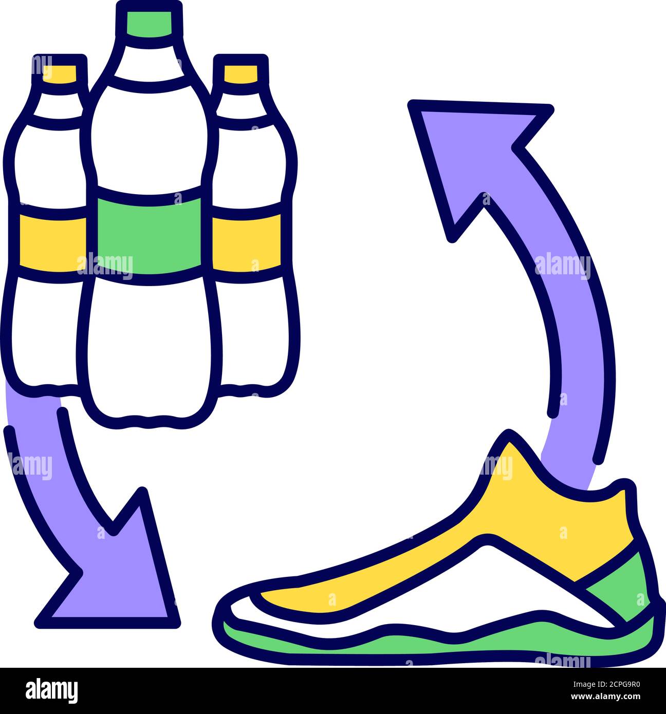 Icône de la ligne de couleur des chaussures recyclées. Les chaussures sont fabriquées avec des bouteilles en plastique recyclé. Pictogramme pour page Web, application mobile, Promo. Élément de conception UI UX GUI Illustration de Vecteur