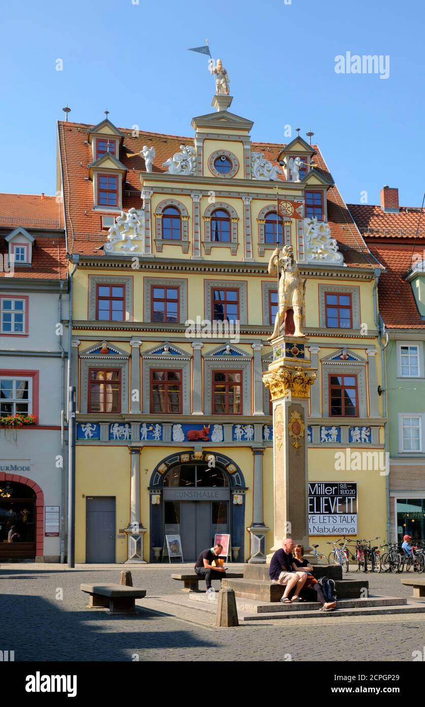 Statue du Romain, ancienne Maison de l'Ox Rouge de 1562, aujourd'hui Kunsthalle, Fischmarkt, Erfurt, Thuringe, Allemagne, Europe Banque D'Images