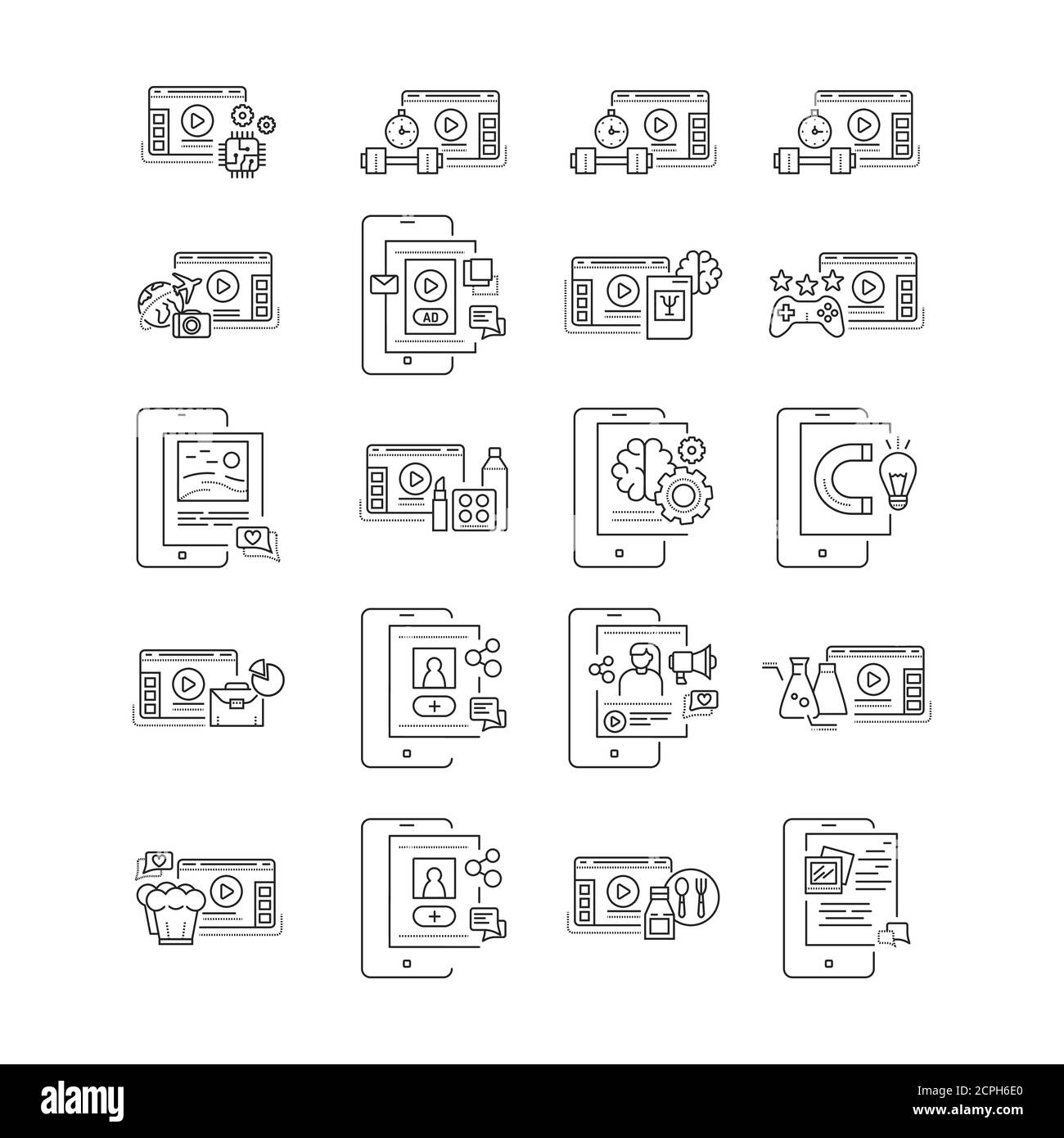 Blogs sur le site Web et icônes de ligne noire de smartphone. Diffusion vidéo de promotion de contenu. Vlogging. Pictogrammes pour la page Web, l'application mobile, la promotion. IU Illustration de Vecteur
