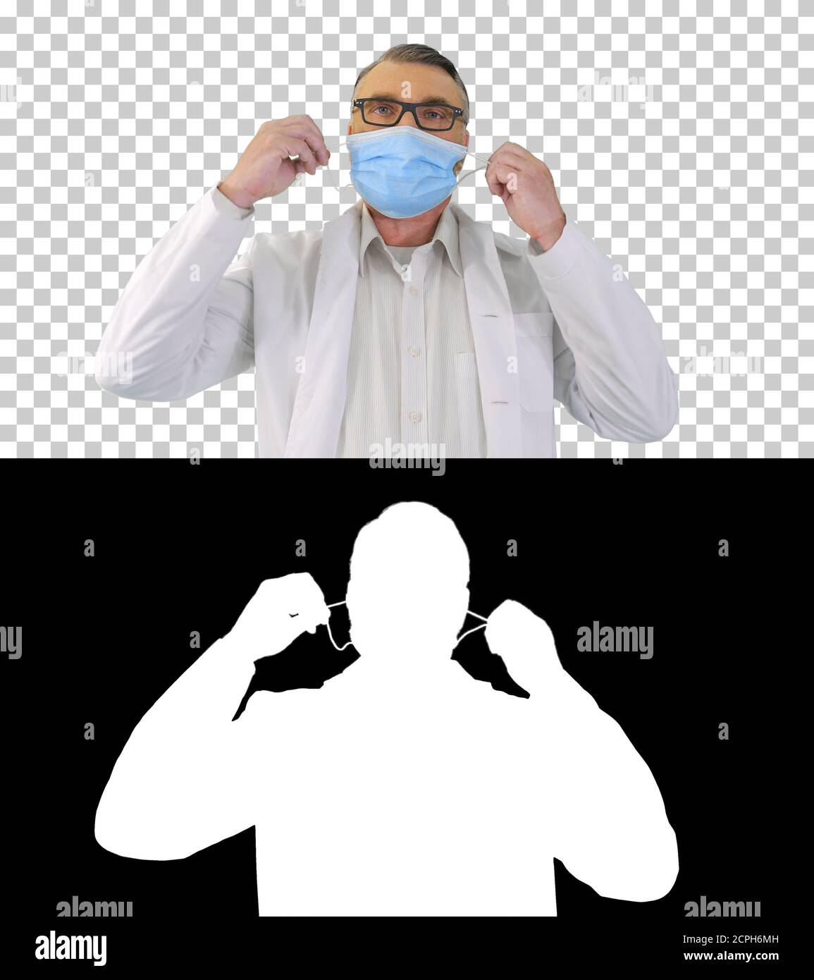 Homme médecin prenant le masque médical de protection et souriant à env Banque D'Images