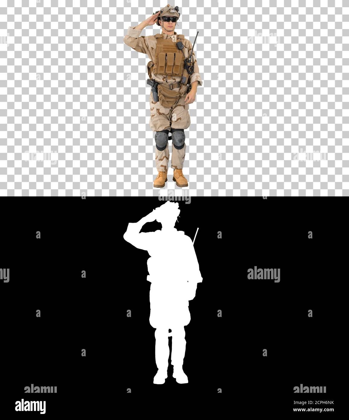 Soldat militaire en uniforme dans les salutes, Alpha Channel avec Silhouet Banque D'Images