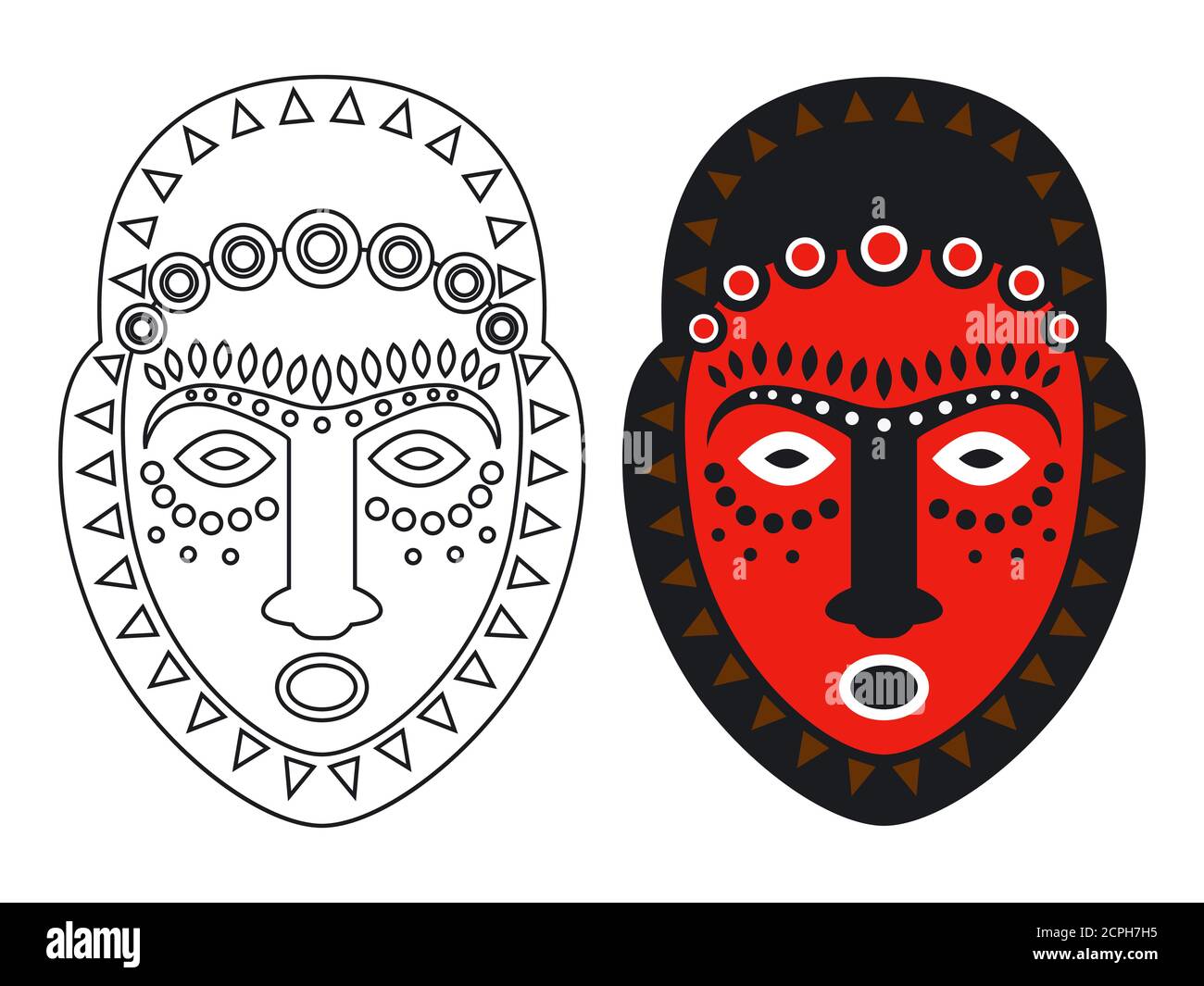 Tribal maya, masques africains - illustration de vecteur de masque de couleur et d'outlune. Masque Maya, culture tribale, masque ethnique natif Illustration de Vecteur