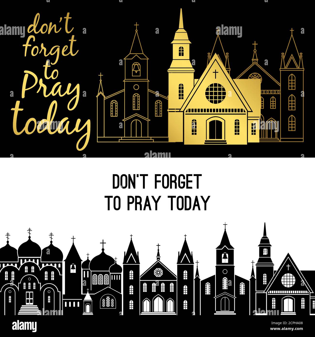 Bannières vectorielles de prière avec des églises ligne et silhouette Illustration de Vecteur