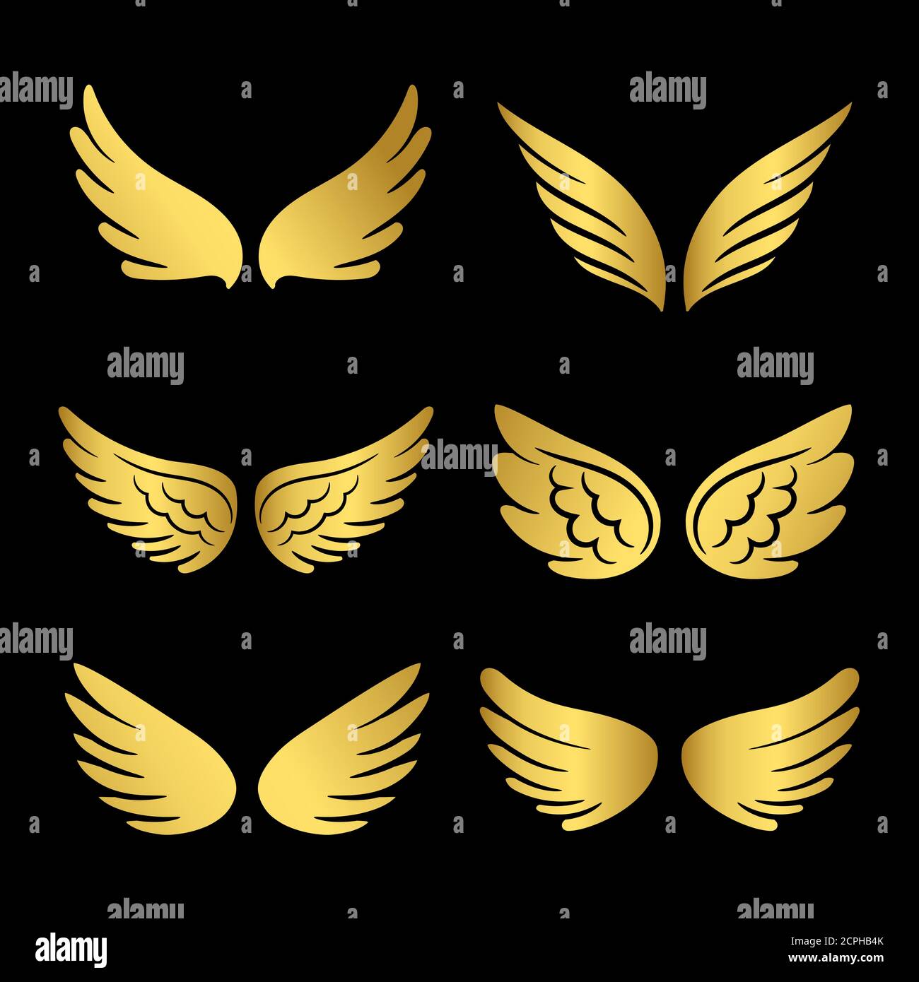 Collection Golden Wings Vector. Ailes Angels isolées sur fond noir. Illustration de l'ensemble d'ailes d'ange doré Illustration de Vecteur