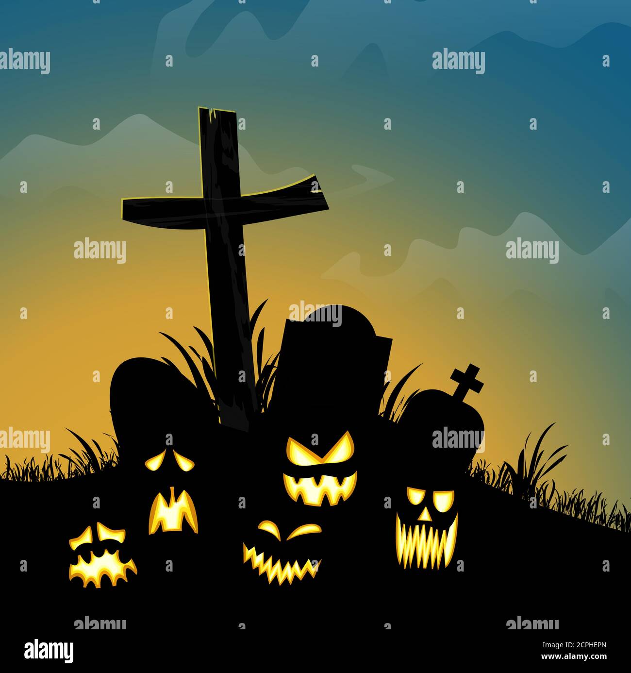 Fichier vectoriel EPS avec cimetière effrayant avec différentes pierres graves Et des visages effrayants et d'autres éléments illustrés effrayants pour Halloween mise en page d'arrière-plan Illustration de Vecteur