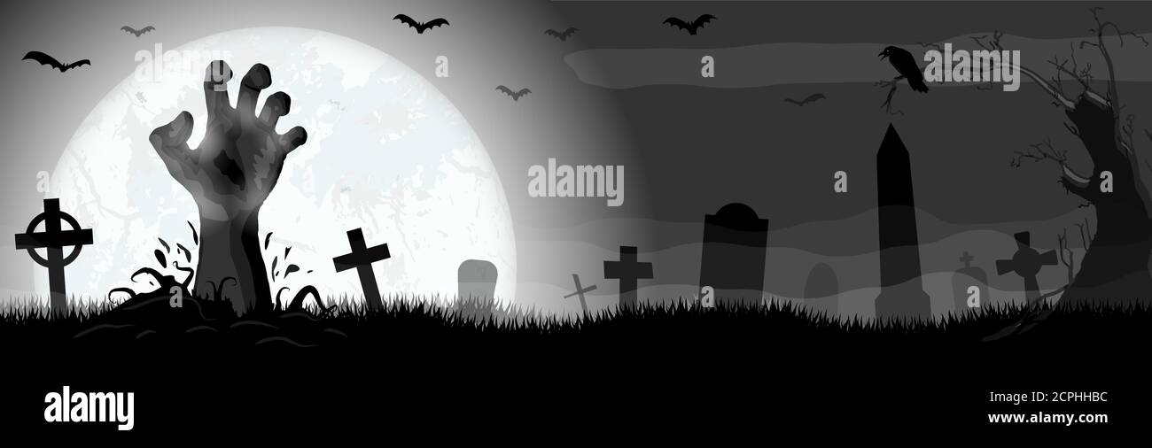 main de zombie indead devant la pleine lune avec effrayant Éléments illustrés pour les mises en page d'arrière-plan Halloween horreur Illustration de Vecteur