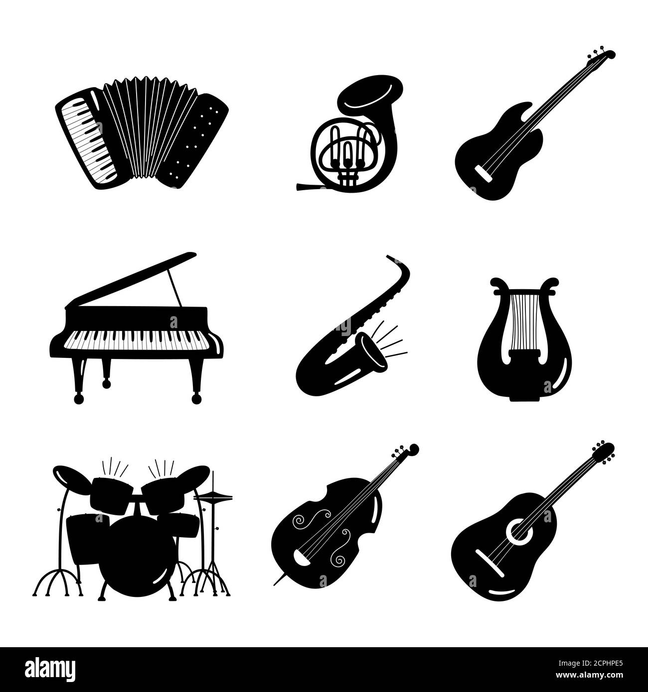 Icônes d'instruments de musique vectoriels noir et blanc isolées sur fond blanc. Illustration des équipements de musique électrique et acoustique Illustration de Vecteur