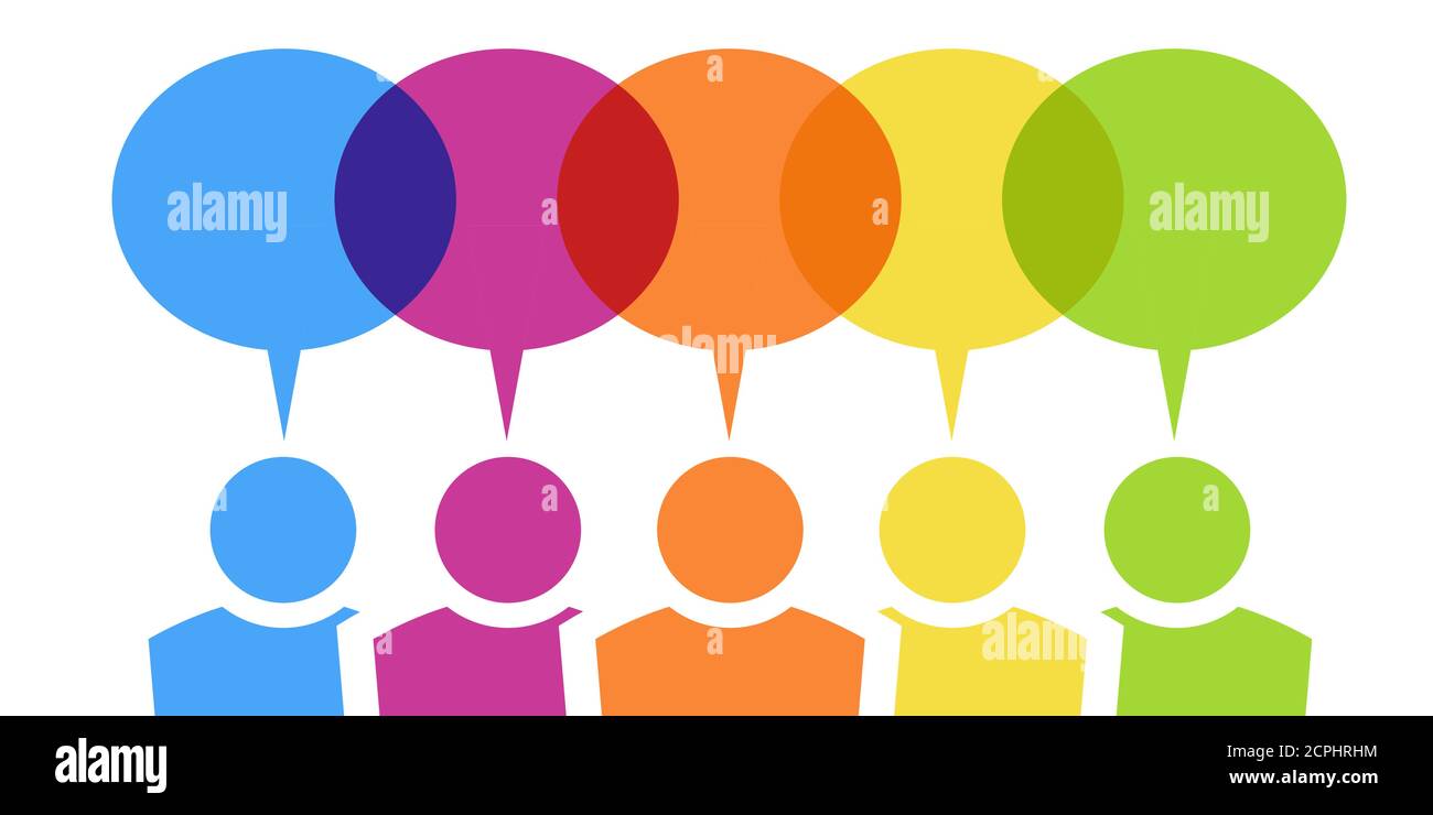 Illustration vectorielle EPS de cinq membres de l'équipe de couleurs différentes avec bulles de parole sur leur tête et espace libre pour le texte Illustration de Vecteur