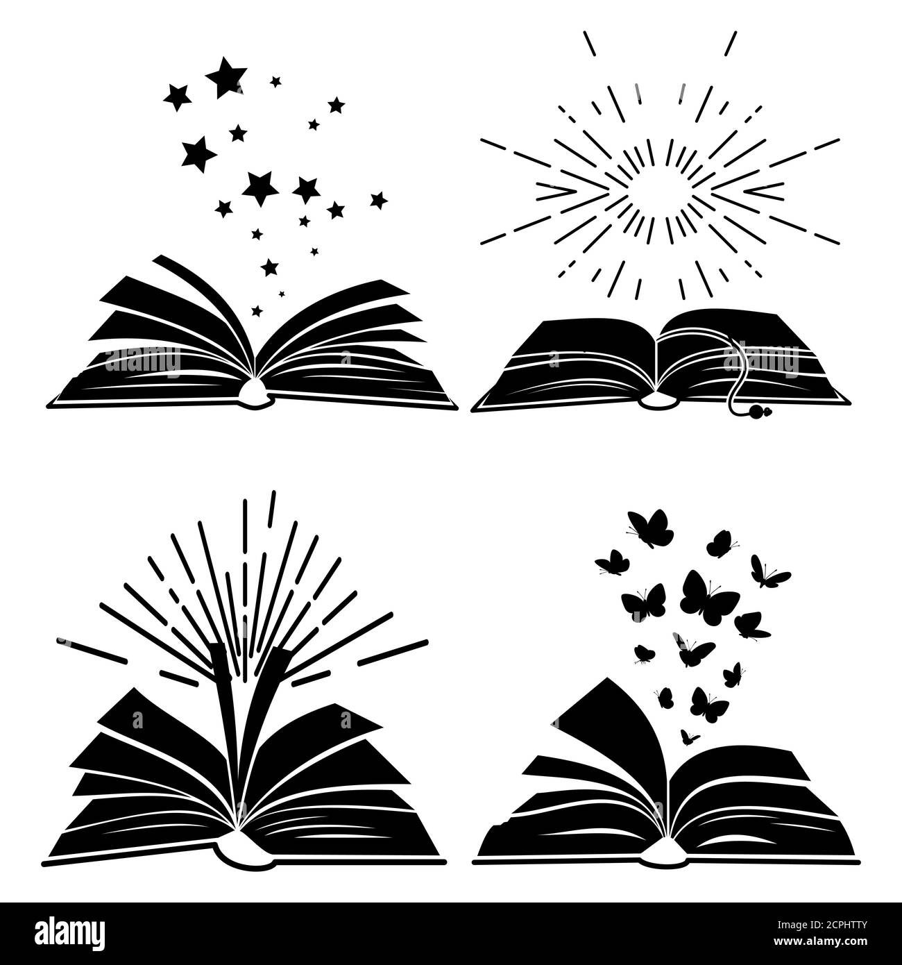 Silhouettes de livres noirs avec papillons volants, étoiles et coups de soleil, illustration vectorielle Illustration de Vecteur