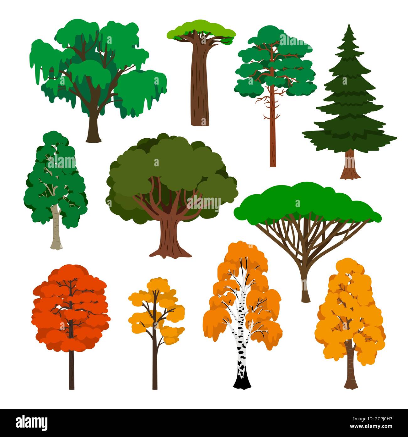 Arbres de dessin animé. Été, automne forêt arbres icônes vectorielles Illustration de Vecteur