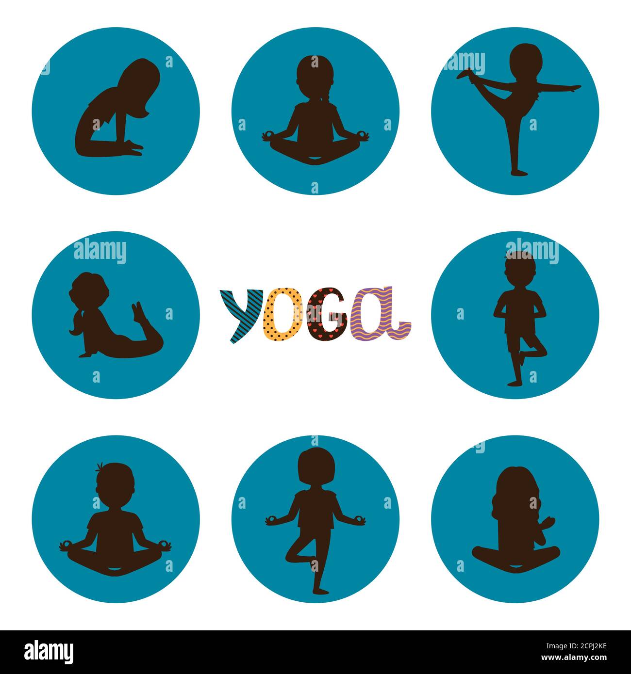 Le yoga pose silhouettes icônes vecteur de set. Pose de silhouette de yoga, sport et illustration d'étirement pour enfants Illustration de Vecteur