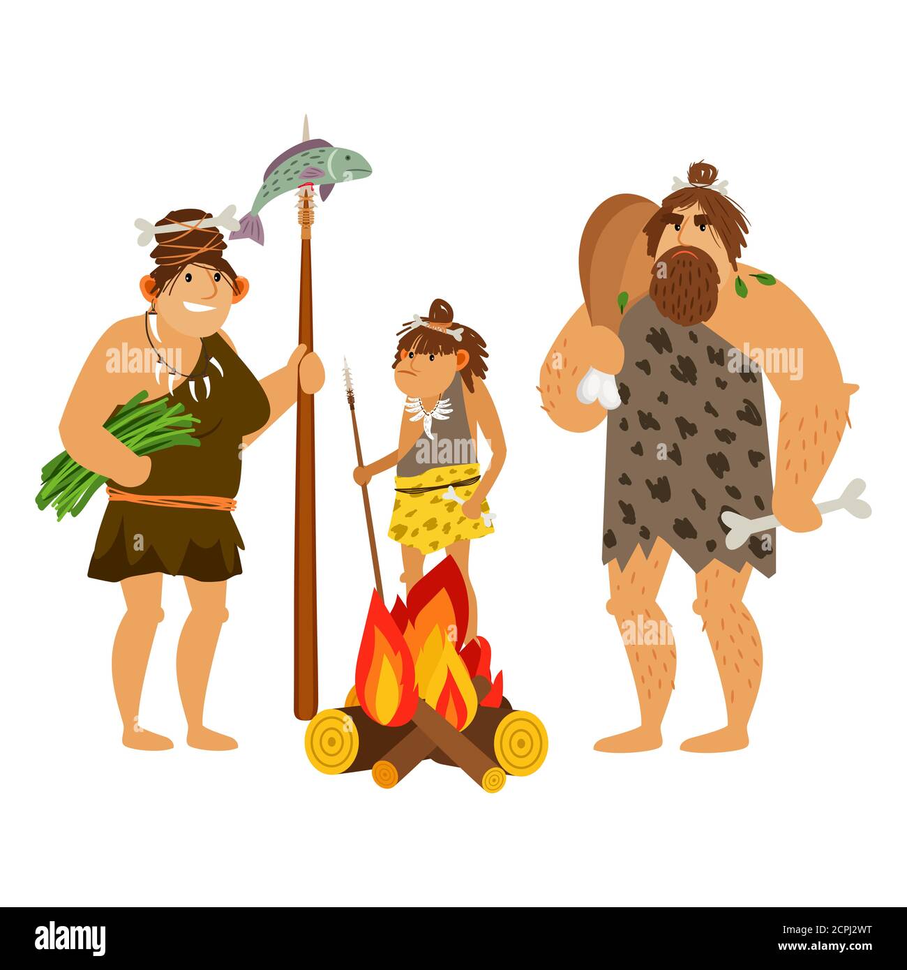 Dessin Animé Famille De L âge De Pierre Famille de caveliers de dessins animés. Les personnages de Caveman  préparent la nourriture au feu, illustration de vecteur familial  préhistorique de l'âge de pierre Image Vectorielle Stock - Alamy