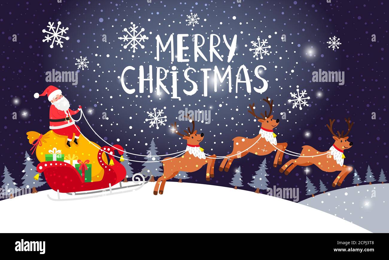 Santa en traîneau à conduire. Carte de nuit de Noël avec père noël et rennes neige hiver magie bleu paysage illustration vectorielle Illustration de Vecteur