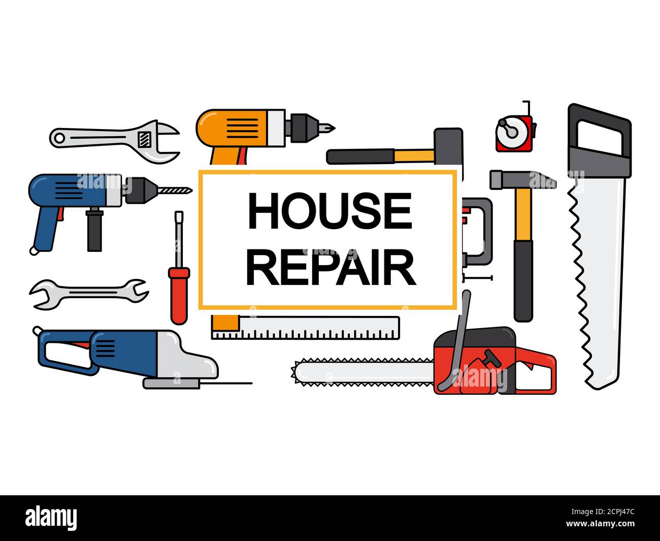 Conception de bannière de réparation de maison avec collection de vecteur d'outils de ligne. Illustration du marteau et du semoir de l'équipement de réparation Illustration de Vecteur