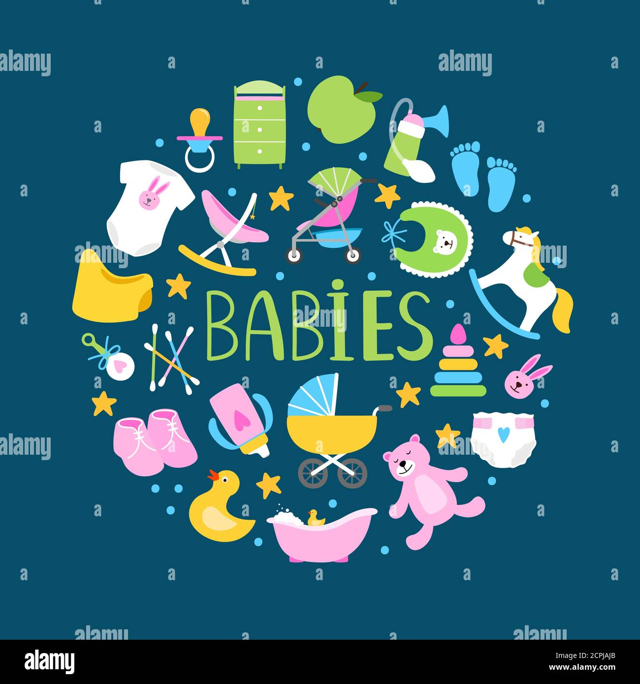 Bannière ronde ou arrière-plan avec de jolis accessoires pour bébés. Badge vectoriel de forme ronde avec accessoire pour bébé, sucette, couche et poussette Illustration de Vecteur