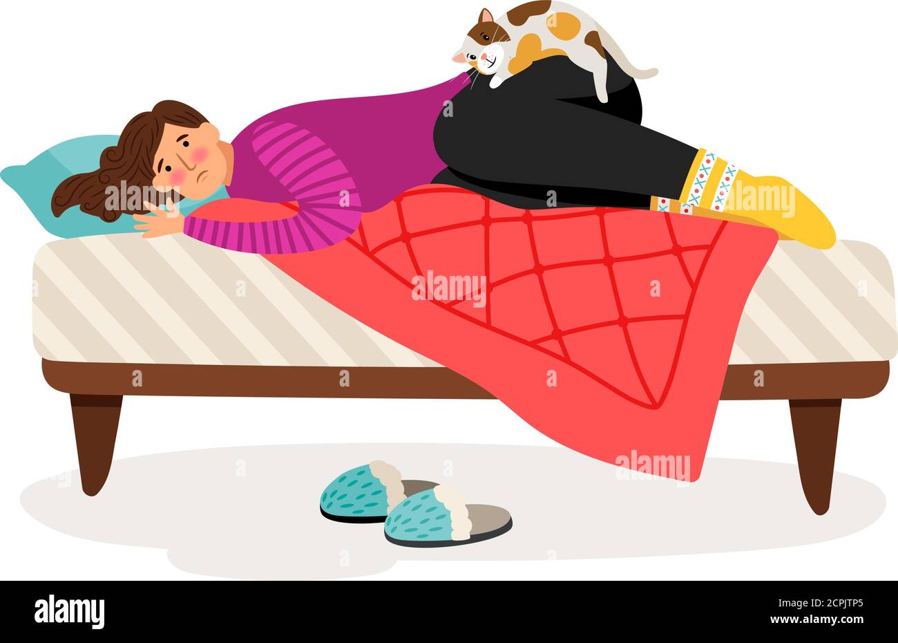 Femme Et Chat Deprime Triste Femme Au Lit Icone Coloree Sur Fond Blanc Image Vectorielle Stock Alamy