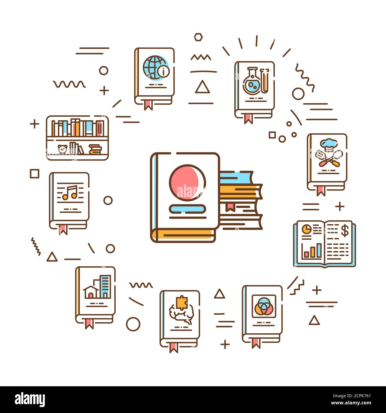 Genres de la bannière Web des livres. Infographies avec icônes linéaires sur fond blanc. Concept d'idée créative. Illustration de couleur de contour isolée. Banque D'Images