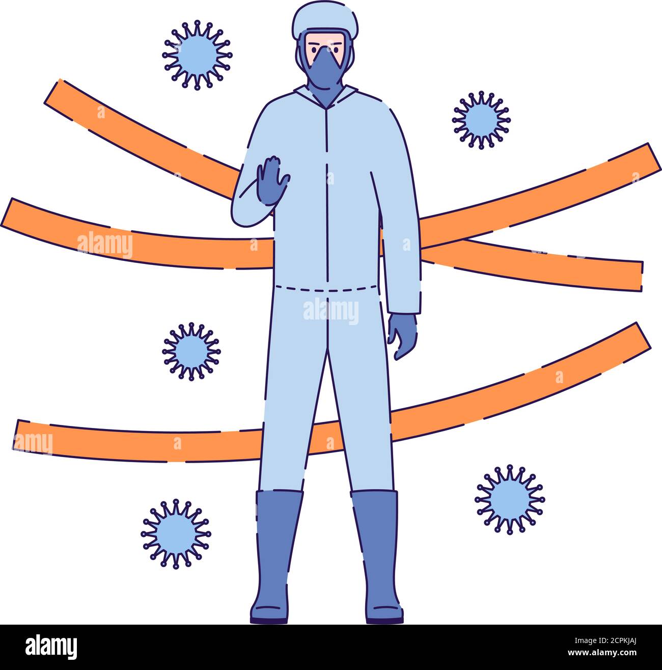 Illustration vecteur homme en costume de protection. Attention coronavirus. Zone de quarantaine. Épidémie ou pandémie virale mondiale. Personnage de dessin animé isolé sur un Illustration de Vecteur