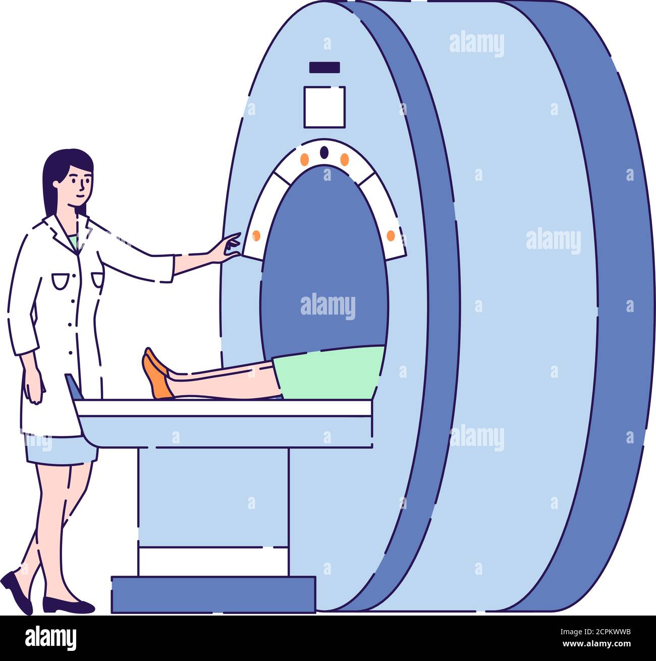 Médecin femme diagnostique femme illustration du vecteur patient. Appareil d'IRM dans l'hôpital. Examen médical pour une maladie. Dessin animé isolé Illustration de Vecteur