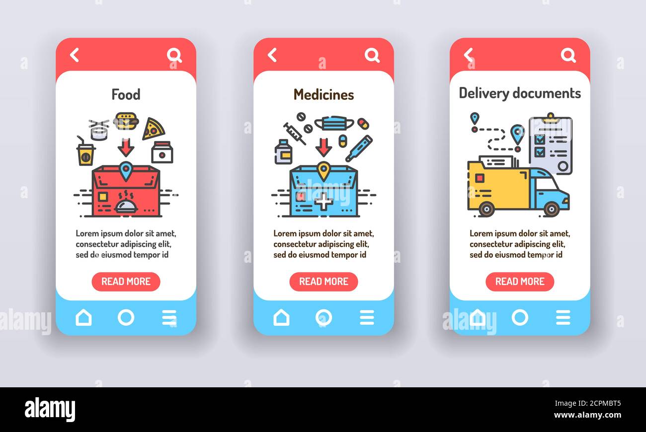 Services de livraison sur les écrans d'intégration des applications mobiles. Livraison de nourriture, de médicaments, de documents. Bannières pour le site Web sur fond rouge et kit mobile Illustration de Vecteur