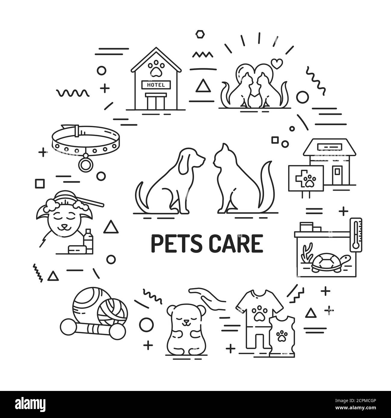 Bannière Web pour animaux de compagnie. Services pour animaux domestiques. Infographies avec icônes linéaires sur fond blanc. Concept d'idée créative. Contour isolé noir Illustration de Vecteur