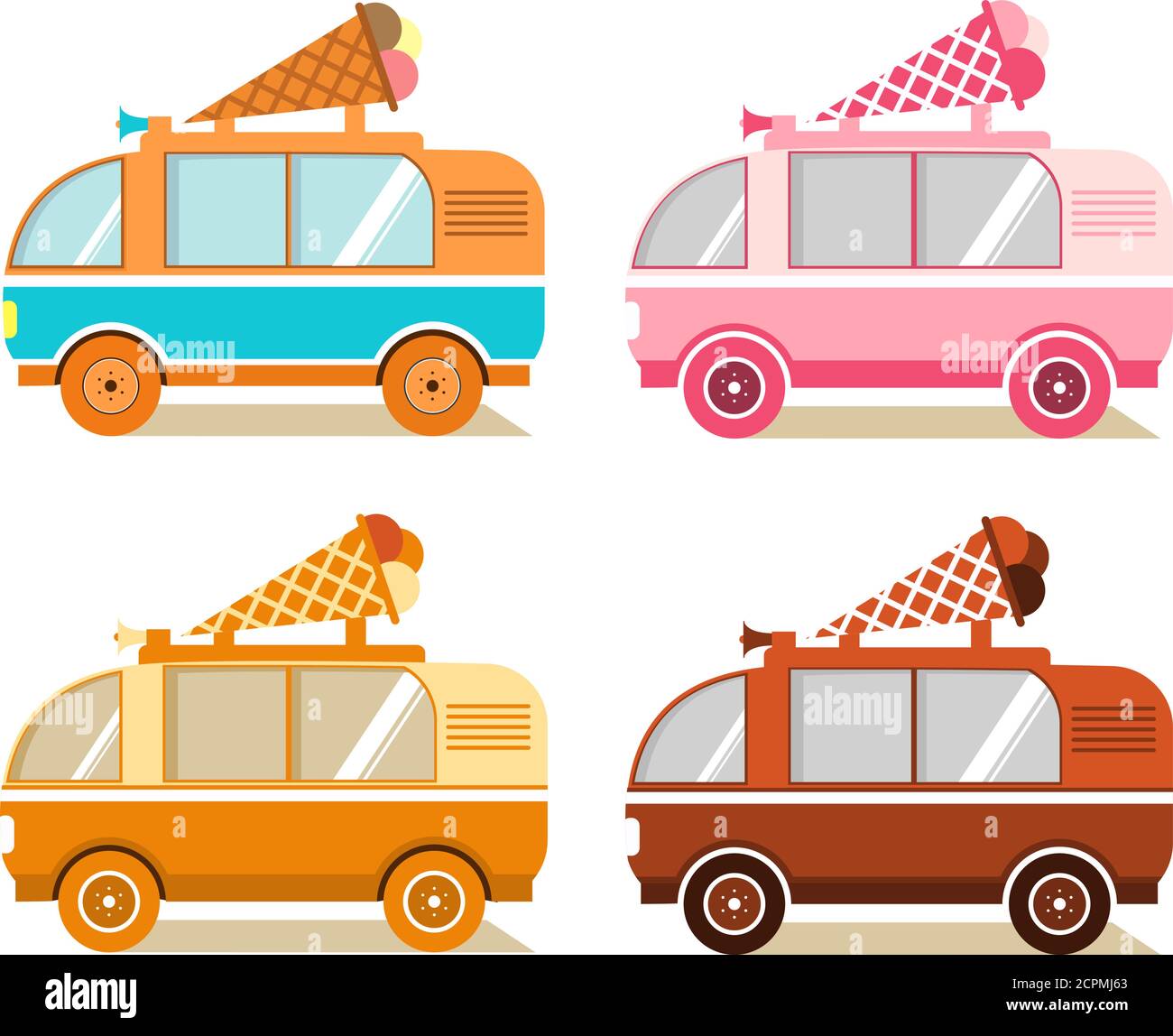 Un ensemble de fourgonnettes en vente et livraison d'un camion de crème glacée avec une tasse de cachets sur un toit de style plat.vue latérale. Illustration de Vecteur