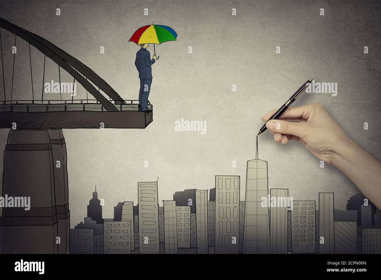Jeune homme d'affaires en costume avec parapluie sur le bord de pont donnant sur le paysage urbain Banque D'Images