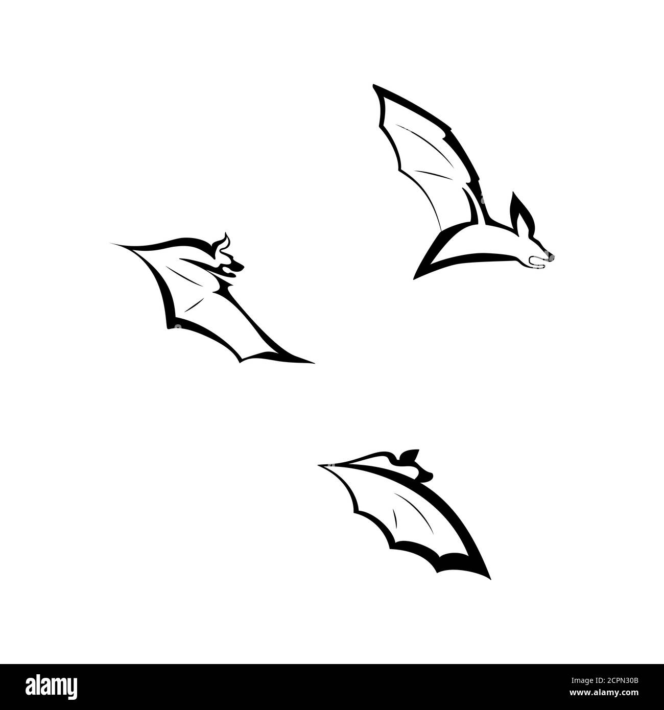 Illustration vectorielle du jeu de battes. Trois chauves-souris noires et blanches dans différentes poses Illustration de Vecteur