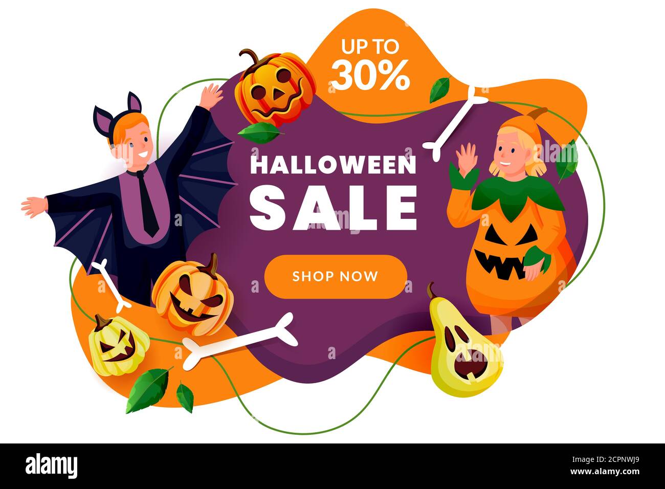 Affiche d'Halloween, modèle de bannière de vente à prix réduit. Les enfants adorables en costumes de citrouille et de chauve-souris célèbrent les vacances. Dessin animé vectoriel plat Illustration de Vecteur