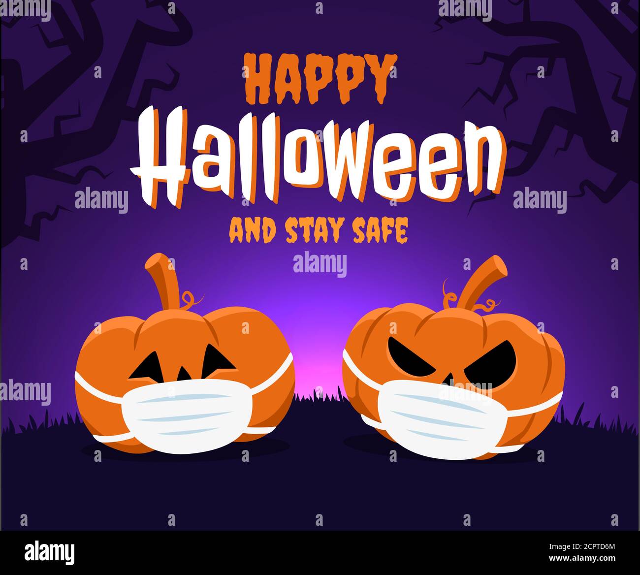 Halloween heureux et concept de sécurité. Deux citrouilles portant un masque facial en raison du coronavirus et de la nouvelle normale Illustration de Vecteur
