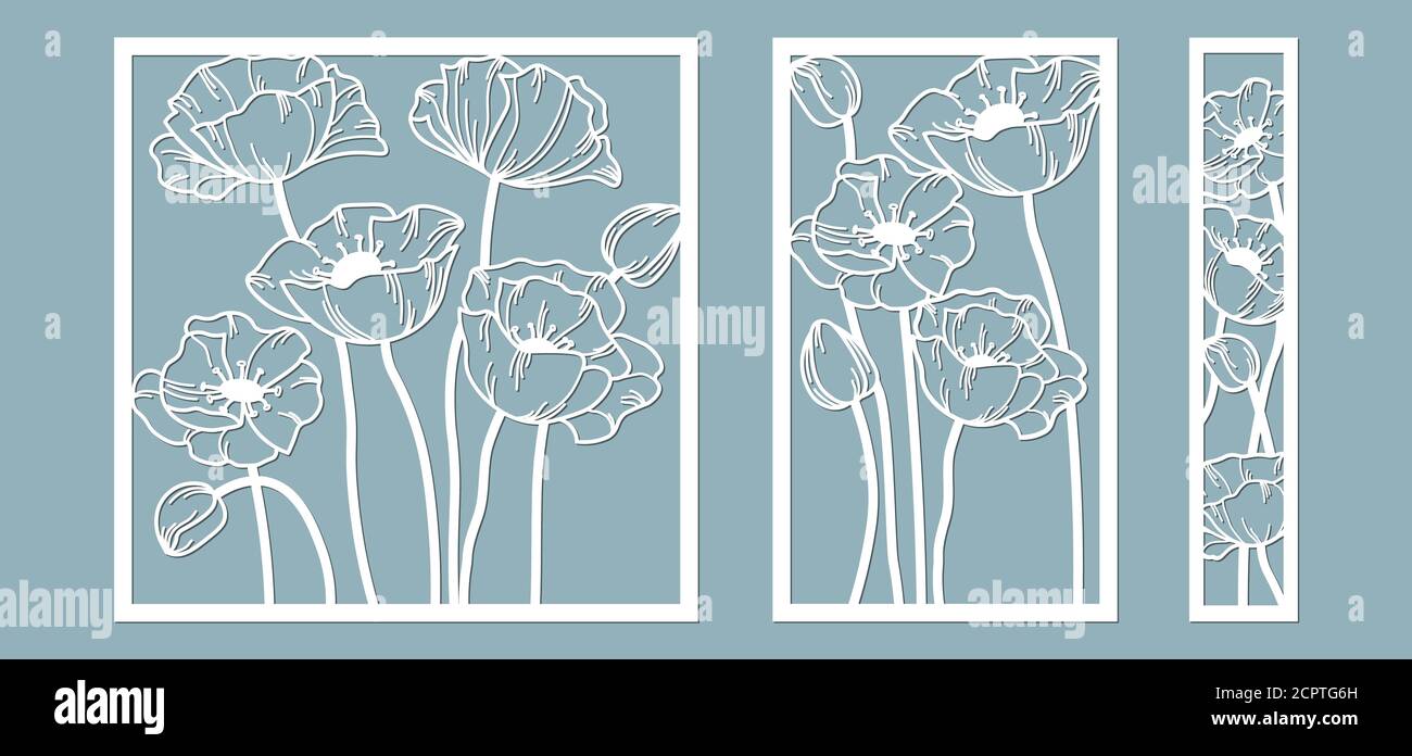 Modèle pour découpe au laser et traceur. Fleurs, feuilles, bouquet pour la décoration. Illustration vectorielle. Fleur de pavot. Traceur et sérigraphie. Sérigraphie Illustration de Vecteur