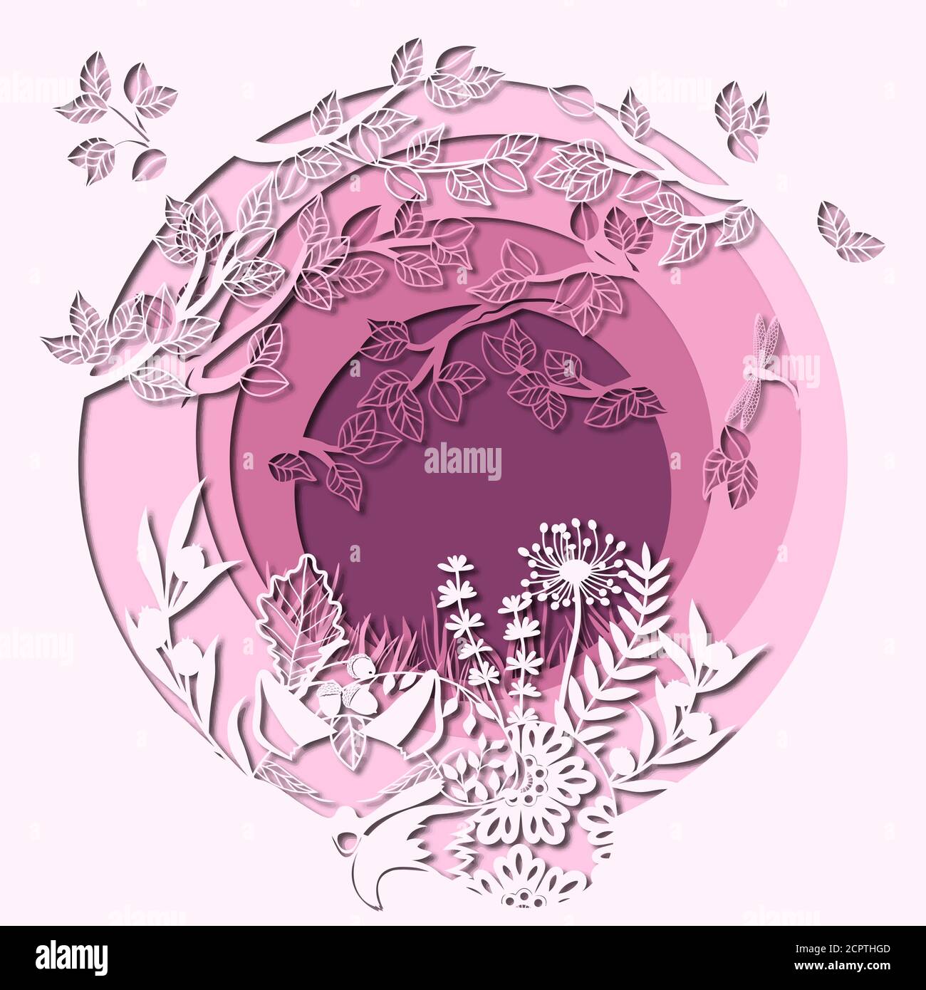 Gabarit renard sur la glade pour couper avec un laser de papier. Arrière-plan avec herbe, et libellule, bois et fleurs. Pour la décoration et le design. Modèle Illustration de Vecteur