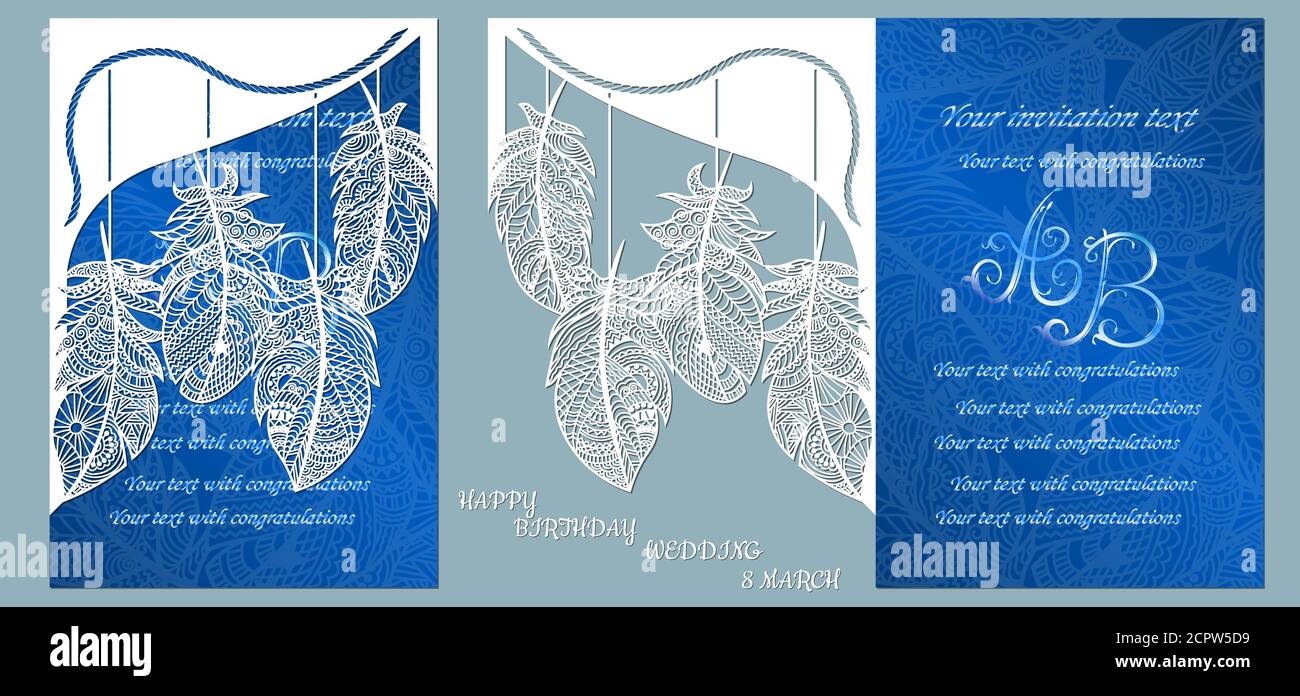 Invitation de mariage. Carte de souhaits avec des plumes. La maquette de l'enveloppe pour la découpe laser. Modèle pour plotter, laser bleu. Illustration de Vecteur