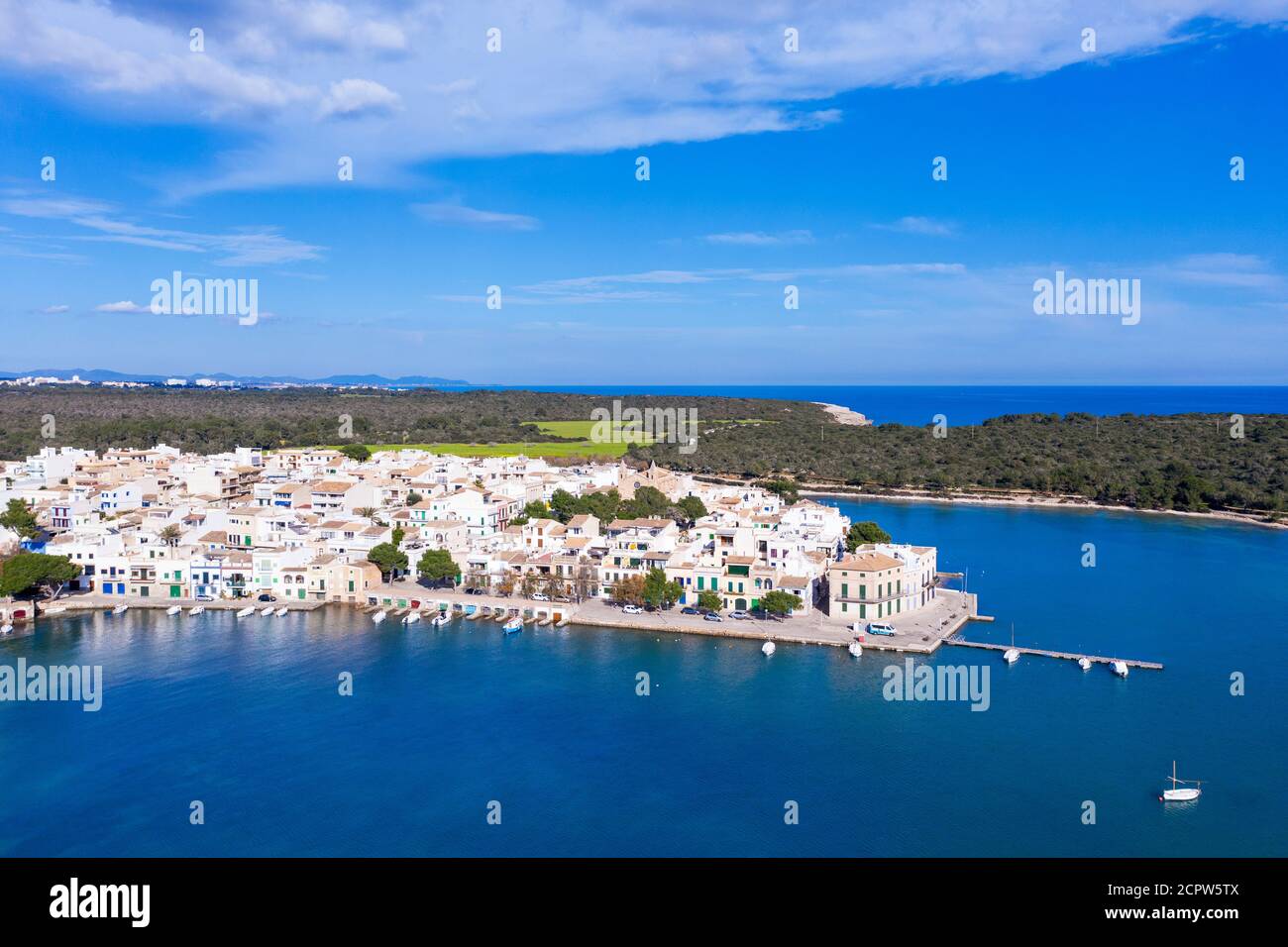 Portocolom, centre-ville historique, région de Migjorn, vue aérienne, Majorque, Iles Baléares, Espagne Banque D'Images