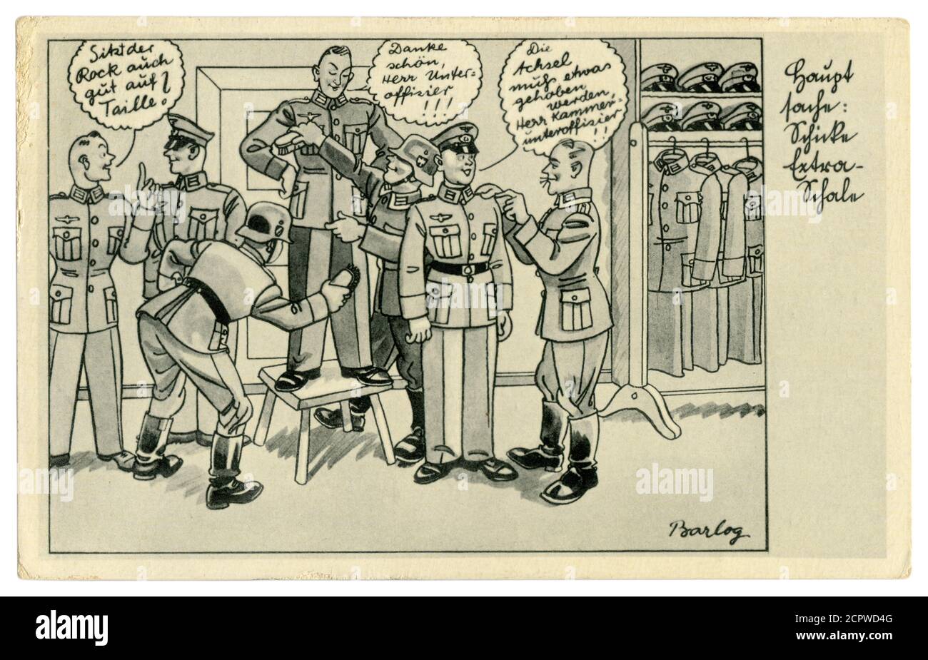 Carte postale historique allemande : un unteroffizien met un soldat dans un nouvel uniforme militaire. Brush the recy, série satirique, par Barlog, Allemagne, 1939 Banque D'Images