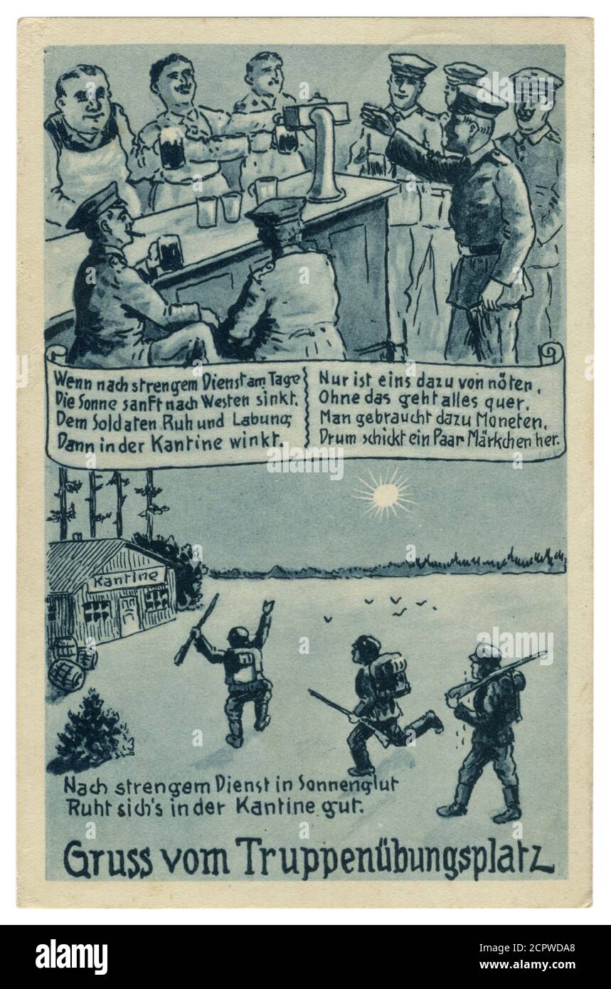 Carte postale historique allemande: «après un service strict au soleil il semble bon dans la cantine», les soldats allemands vont au pub, série satirique 1933 Banque D'Images