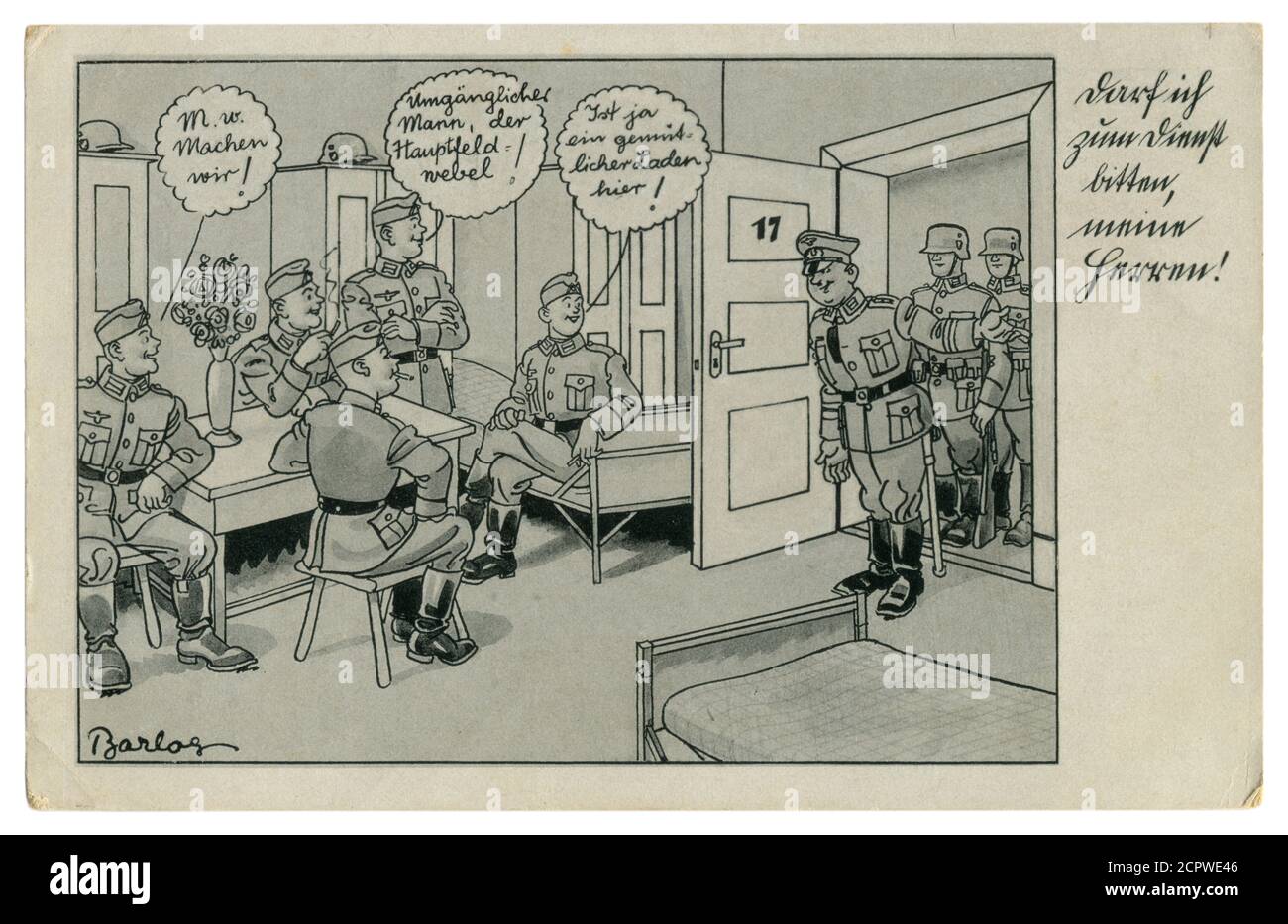 Carte postale historique allemande : les soldats fument dans les casernes. Inconduite. Le sergent demande à aller avec lui, série satirique, par Barlog, Allemagne, 1939 Banque D'Images