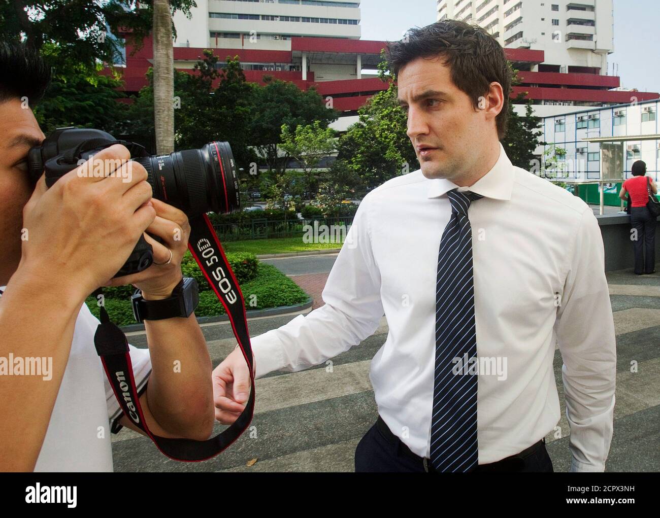 Swiss national Oliver Fricker arrives at the Subordinate Courts in  Singapore June 21, 2010. Fricker appeared to face charges of trespass and  vandalism in relation to graffiti spray painted on an MRT (